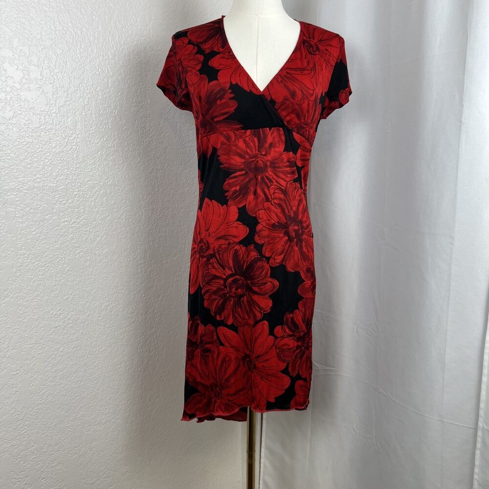 VTG Rag Dress Womens Medium Red Floral‎ Sheer Stretch Babydoll Lightweight Y2K